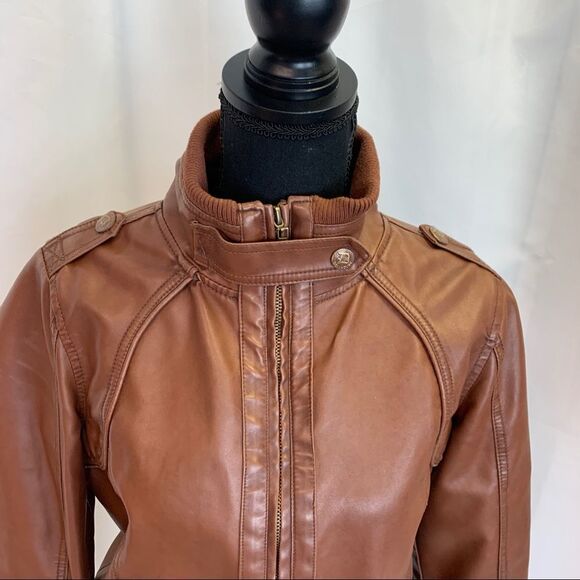 DOLLHOUSE Brown faux leather vegan high neck Moto jacket Sz L - Picture 5 of 11
